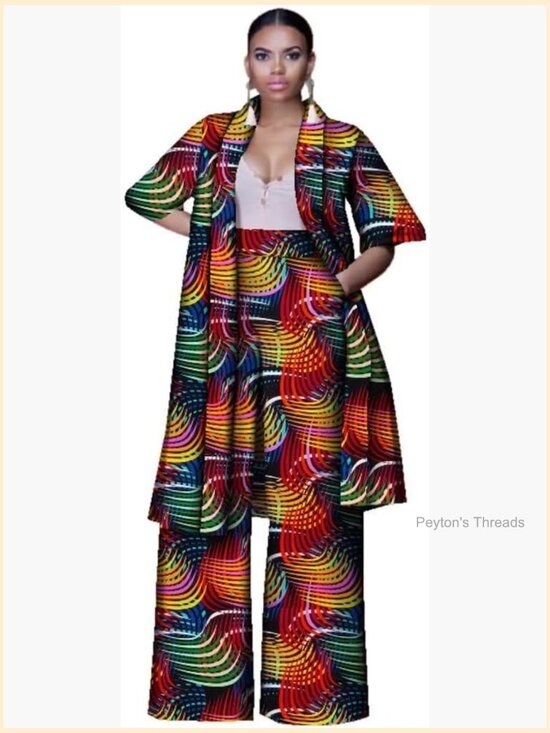 Pants - 2-Piece African Wax Print Suit Set Long Jacket Wide Leg Pants Cotton Women's